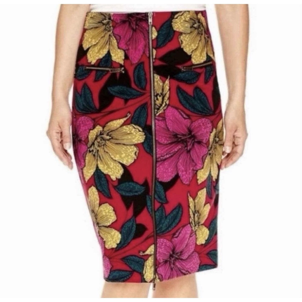 Worthington‎ Bold Womens Yellow Purple Black Floral Midi Pencil Zip Skirt Size 6